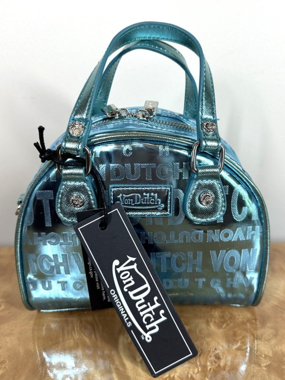 Von Dutch Metallic Blue Reflective Bowling Bag Mini Satchel Crossbody NWT